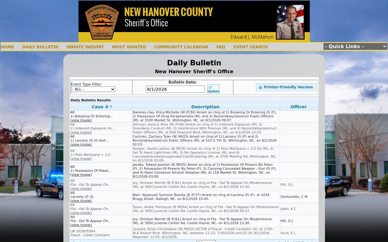 New Hanover County arrest records Sheriff Daily Bulletin