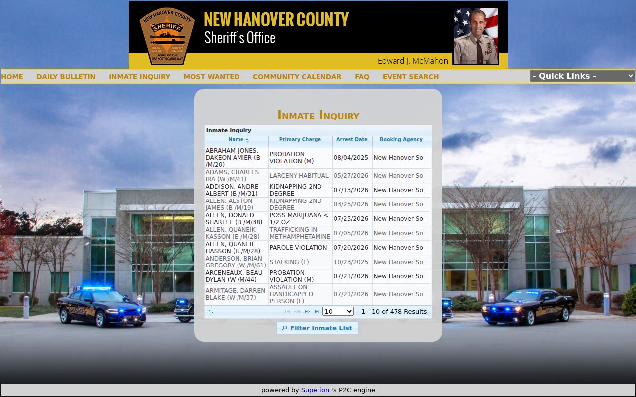 New Hanover County arrest lookup inmate inquiry interface