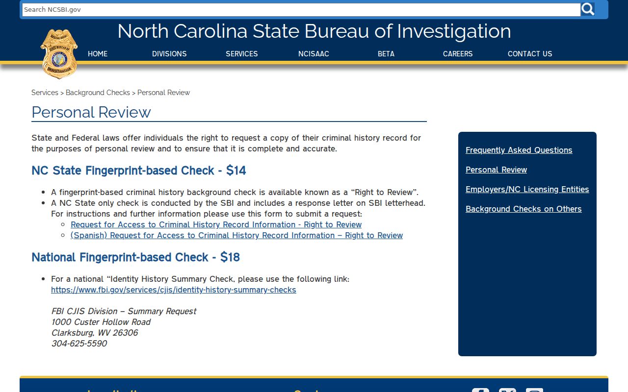 North Carolina SBI Right to Review information for New Hanover County residents