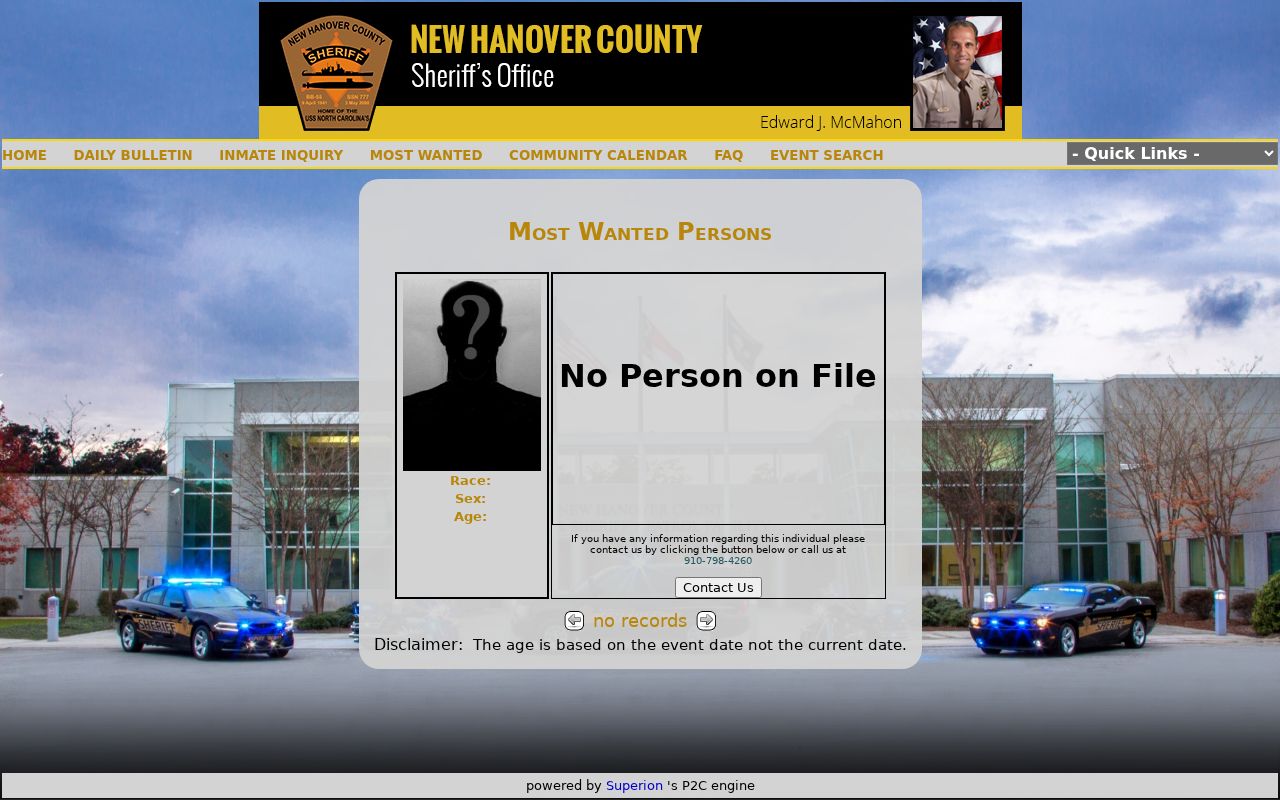New Hanover County Sheriff P2C most wanted interface